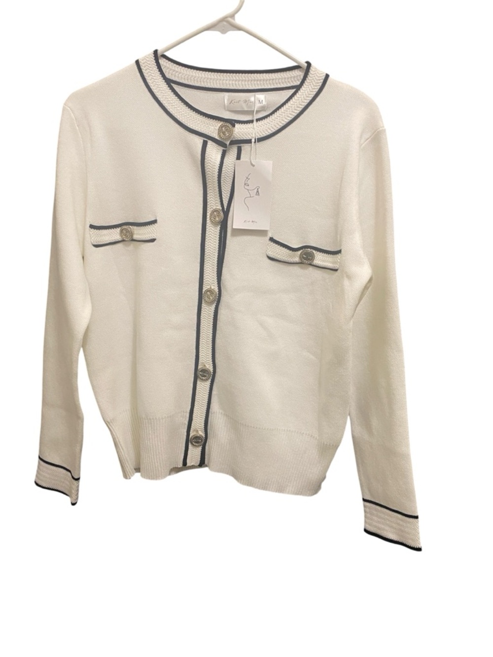 Classic White Knit Cardigan with Navy Trim – Button Front size medium